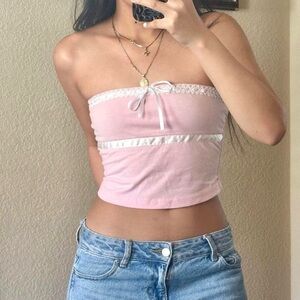 SHEIN Pink Lace Trim Crop Top